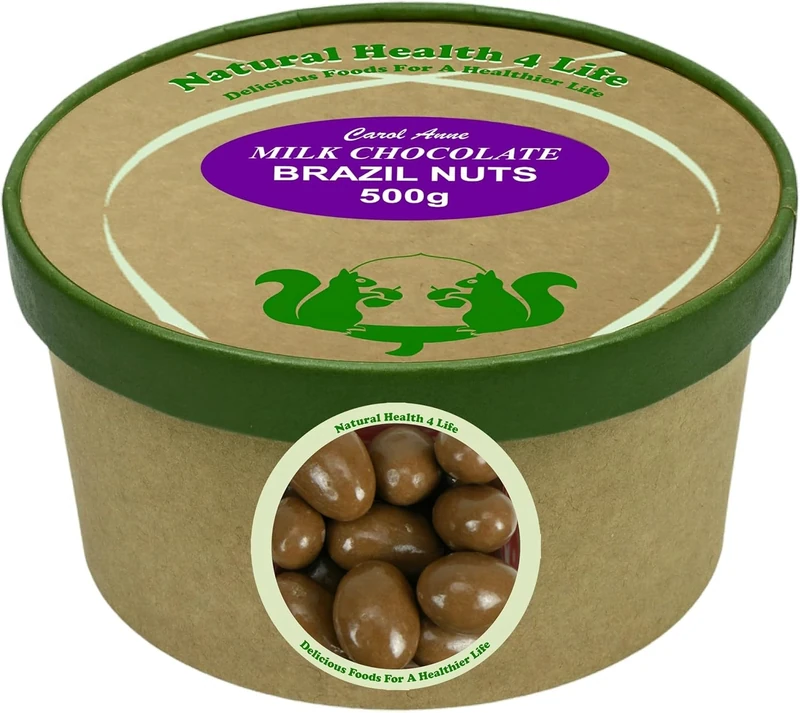 Natural Health 4 Life Carol Anne Confectionery Milk Chocolate Brazil Nuts 500g, Chocolate Covered Nuts in Recyclable Tub, Gluten-Free – Ideal for Snacking or Baking – Made in UK (1 Tub)