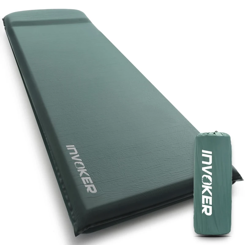 INVOKER Self Inflating Memory Foam Camping Sleeping Mat - Pad with Built in Pillow, Green, 196x70x8cm, 2kg, Waterproof, 150kg Weight Capacity, Rapid Inflation, Plush, Camper