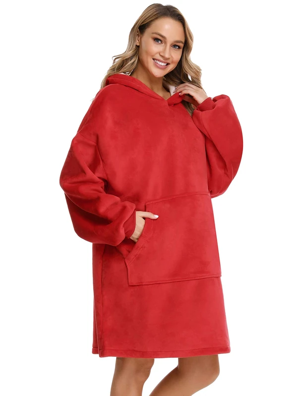 Sykooria Oversized Hoodie Sweatshirt Blanket, Double Layer Fluffy Sherpa Hoodie Blanket Sweatshirt, Super Soft Warm Wearable Blanket for Women Men Adults Kids Red
