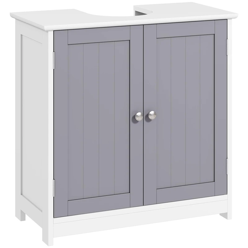 kleankin Under Sink Bathroom Cabinet, Freestanding Under Sink Cabinet with 2 Doors and Adjustable Shelf for Basin without or with Pedestal, White and Grey