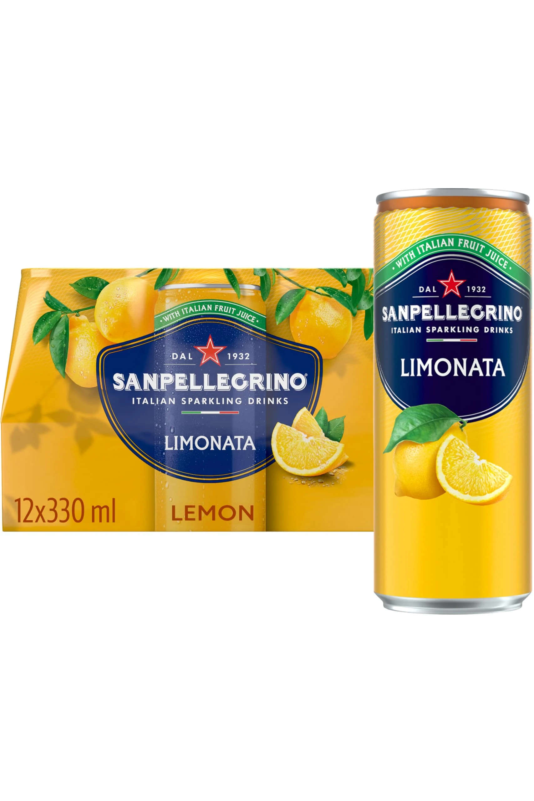 San Pellegrino Italian Sparkling Drinks Tastefully Light Sparkling Lemon Canned Soft Drink 12 x 330ml | 73k Cals per Can
