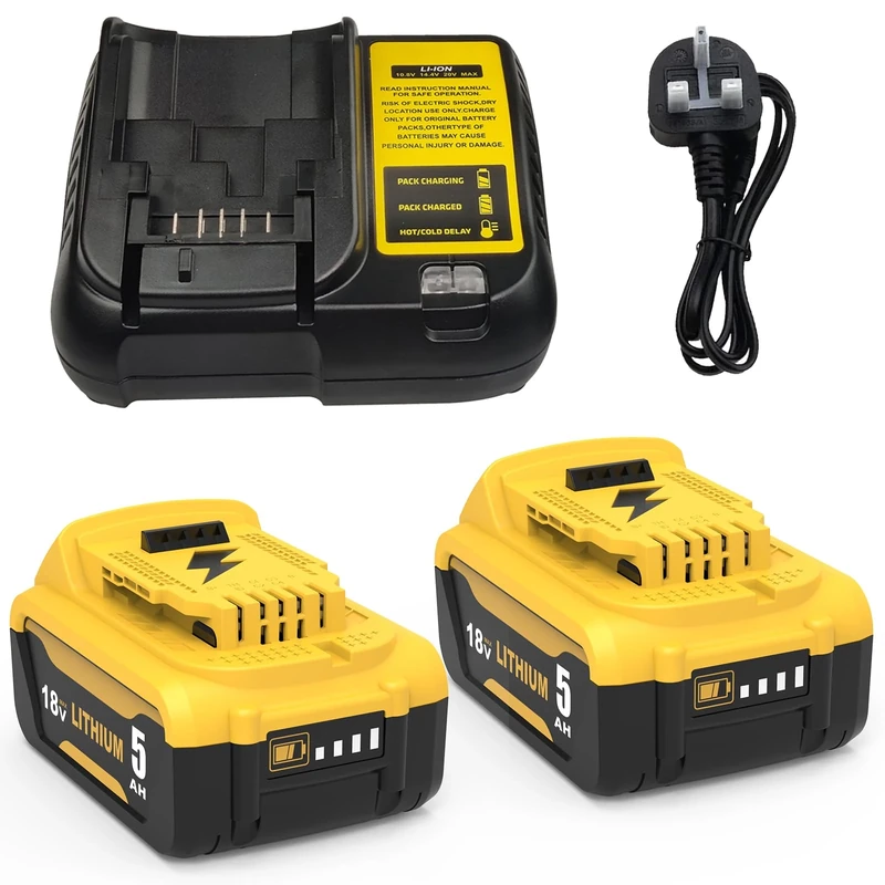 TOPBATT 2pcs 5000mAh Compatible for Dewalt battery 18V + 1pcs 10.8~20V 3A DCB107 for Dewalt battery charger with LED indicator