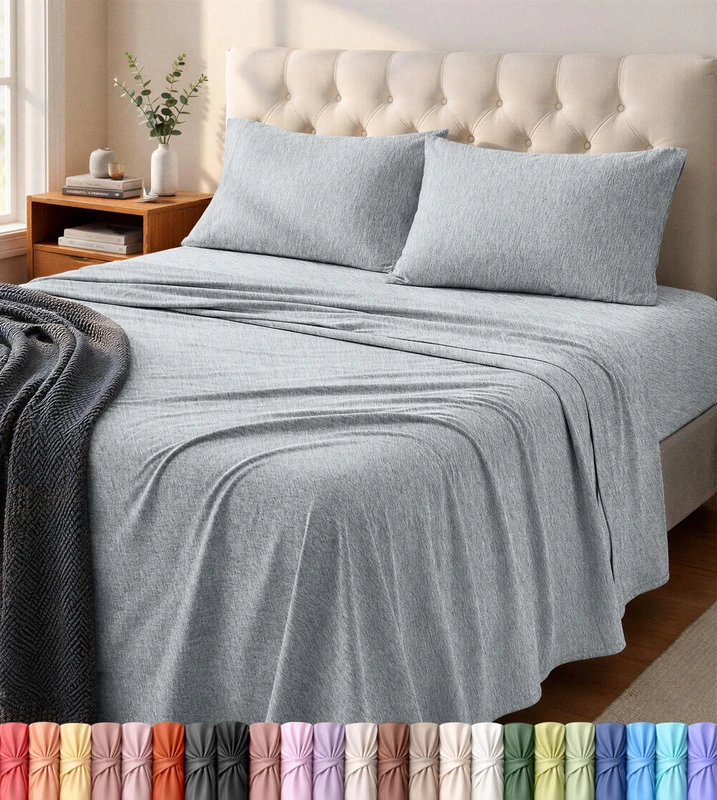 Utopia King Bedding Set - Jersey Knit Sheets 4 Piece - Cotton Stretchy T-Shirt Sheets (Heather Light Grey)
