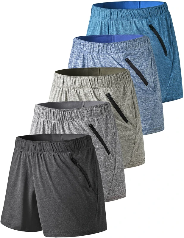 Liberty Imports 5 Pack: Womens Workout Gym Shorts Casual Lounge Set, Ladies Active Athletic Apparel with Zipper Pockets, Heather Black/Gray/Blue, L