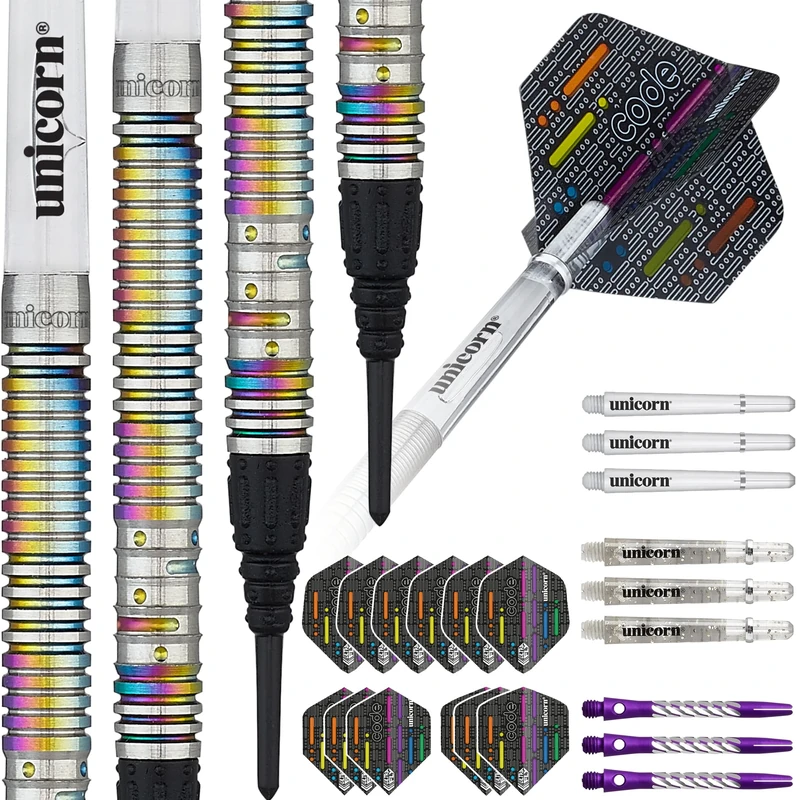 Unicorn Soft Tip Professional Darts Set | Michael 'The Bully Boy' Smith Code Players DNA | 90% Natural Tungsten Barrels with Multicolour Rainbow Titanium Accents | 18 g