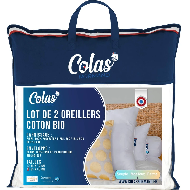 Colas Normand - Set of 2 Cotton Pillows - Soft - 65 x 65 cm - Organic Cotton - Filling from Recycled Bottles - Environmentally Friendly Made in France 73130235 White