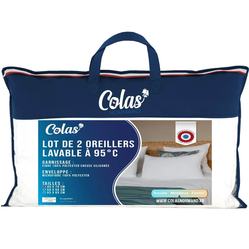 Colas Normand - Set of 2 Pillows Washable at 95°C - Fluffy - 45 x 70 cm - Microfibre - Soft and Comfortable - Washable - French Made - White