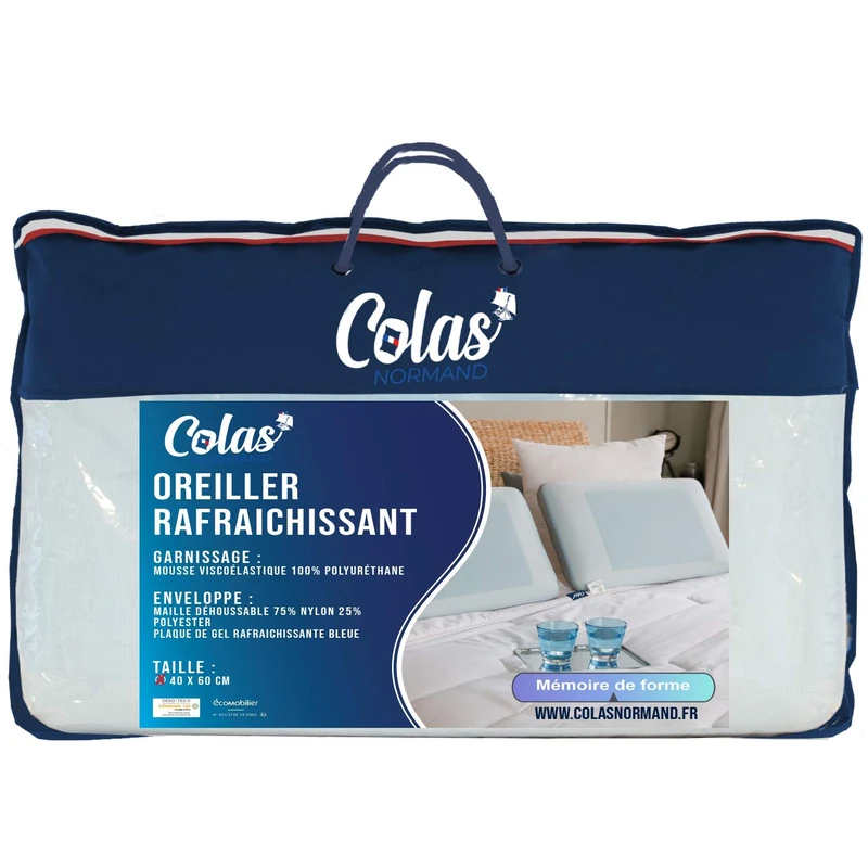 Colas Normand - Refreshing Memory Foam Pillow - 40 x 60 cm - Ergonomic - Thermo-Regulating - Summer and Winter Face - Memory Foam - Removable - Washable Cover