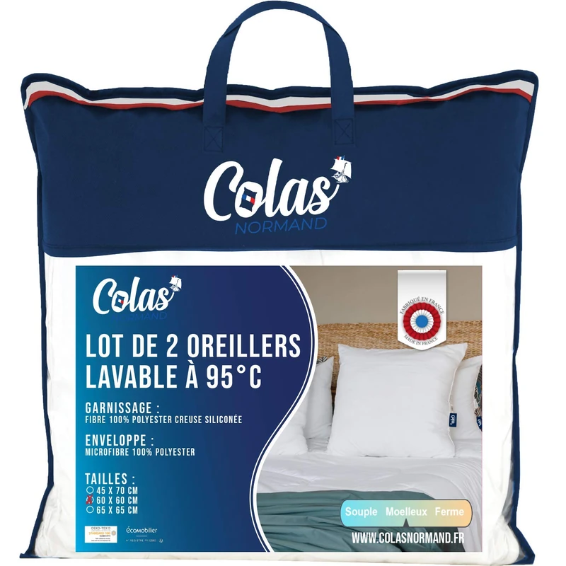 Colas Normand - Set of 2 Pillows Washable at 95°C - Fluffy - 60 x 60 cm - Microfibre - Soft and Comfortable - Washable - French Made - White - Image 1