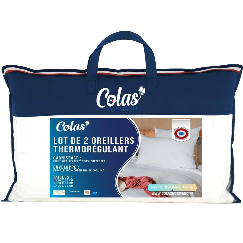 Colas Normand - Set of 2 Thermo-Regulating Pillows - Cool in - Fluffy - 50 x 70 cm - Sweat Wicking - Percale 100% Cotton - Fresh Sensation - Anti Sweat - French Made 73130243 White