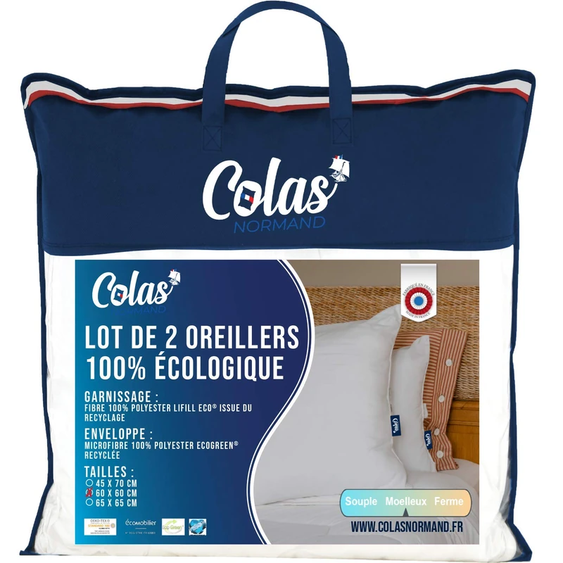 Colas Normand - Set of 2 Eco-responsible Pillows - 60 x 60 cm - Envelope and Filling from Recycled Bottles - Microfibre - Soft Silky and Comfortable - Fine Finish - Made in France 73130231 White