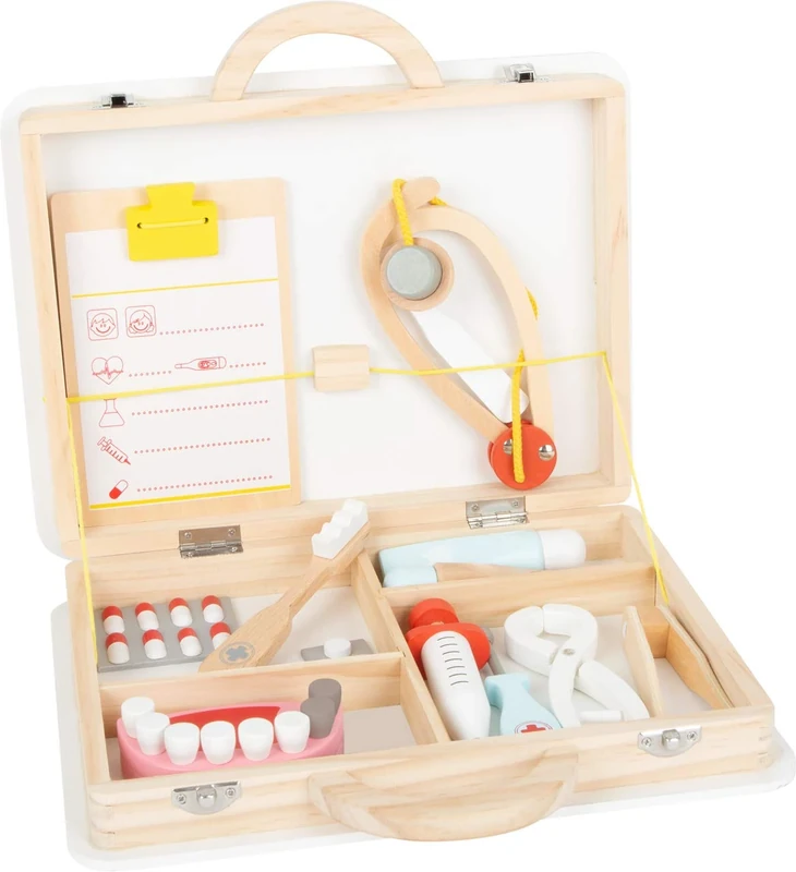 Small Foot 11743 2-in-1 Wooden Dentist's Kit, doctor's kit w/syringe, stethoscope, set of teeth, role-play toys for kids