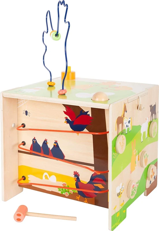 Small Foot 11733 Country Life Motor Activity Cube made of wood w/bead maze, insert & colour sorting game, ages 1+ years