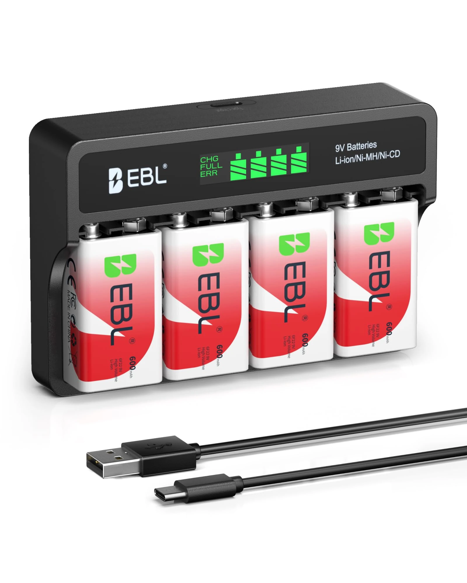 EBL 9 Volt 600mAh Rechargeable Batteries Li-ion Batteries with Smart LCD 9V Battery Charger for 9V Lithium-ion/Ni-MH/Ni-CD Rechargeable Batteries