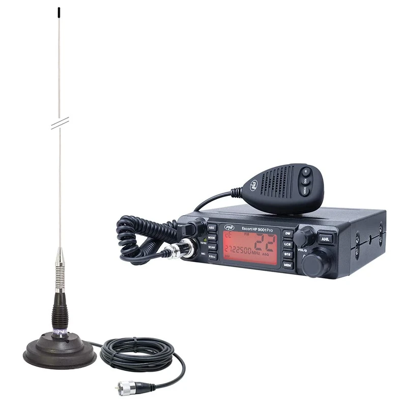 CB PNI ESCORT ESQORT HP 9001 PRO ASQ radio station kit adjustable, AM-FM, 12V, 4W + CB PNI ML100 antenna, 26-30MHz, 250W, 100cm, 125mm magnet included