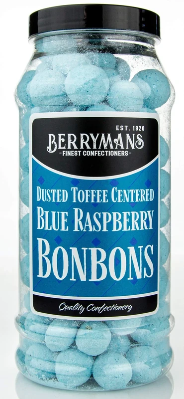 Original Dusted Toffee Centered Blue Raspberry BonBons Retro Sweets Gift Jar By Berrymans Sweet Shop (Bon Bons) - Classic Sweets, Traditional Taste.
