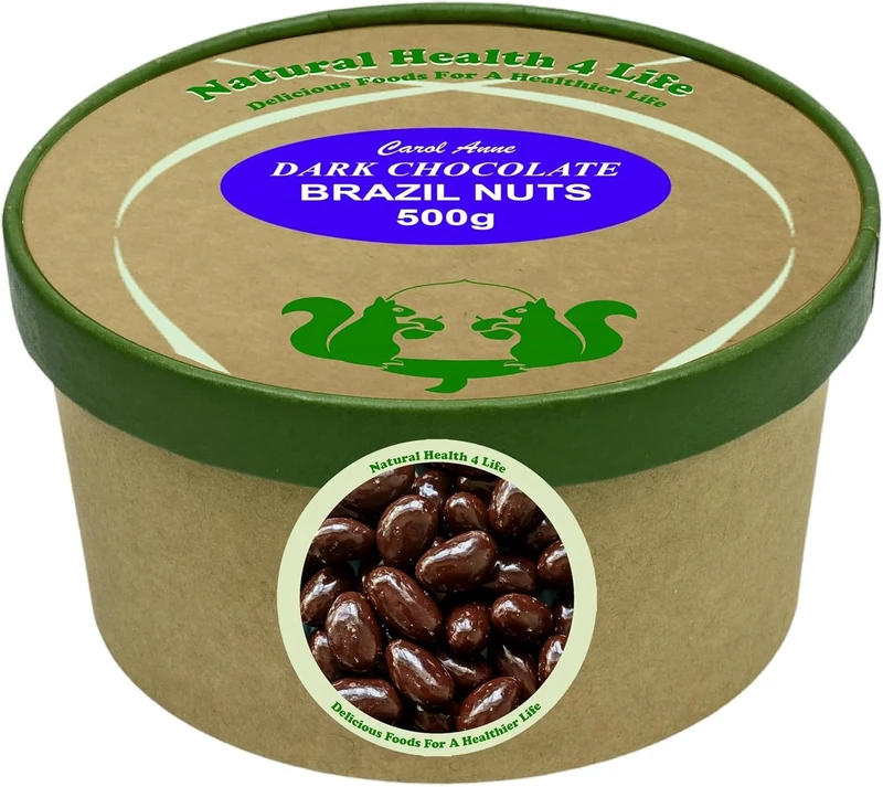 Natural Health 4 Life Carol Anne Confectionery Dark Chocolate Brazil Nuts 500g, Recyclable Kraft Tub and Sealed with Kraft Paper to Retain Freshness, Gluten-Free, 7.6g Protein/100g (1 Tub)