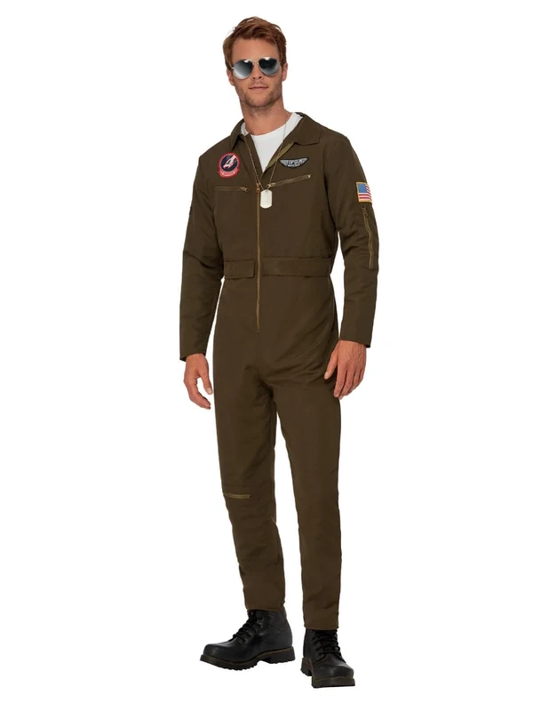 Smiffys Top Gun Maverick Men's Aviator Costume, Adults Green Jumpsuit & Changeable Name Badges, Official License Outfit with Zip Detail on Front, Badges & Zip, Official Top Gun Halloween Fancy Dress