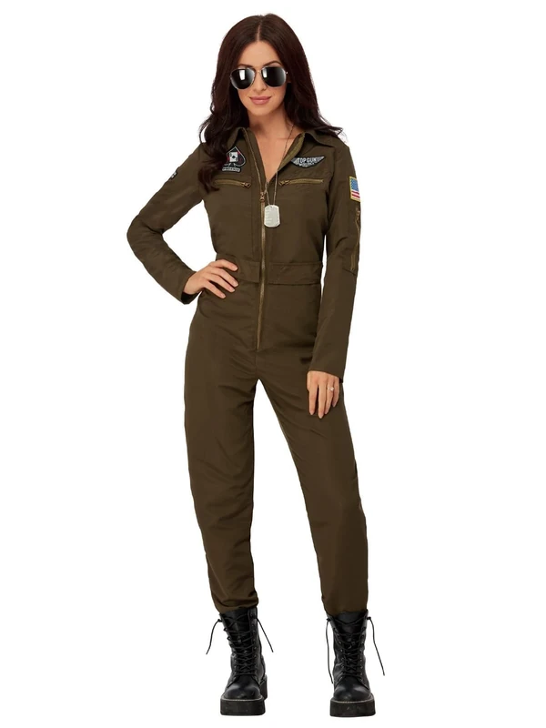 Smiffys Top Gun Maverick Ladies Aviator Costume, Sdults Green Jumpsuit & Changeable Name Badges, Official Top Gun License Outfit with Applique Badges, Official Top Gun Halloween Fancy Dress