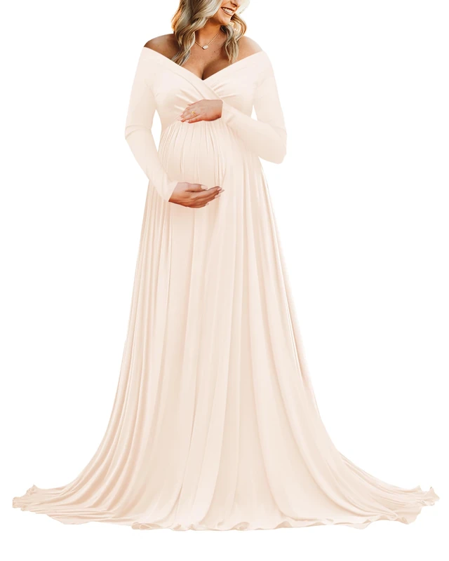 Saslax Maternity Off Shoulders Half Circle Gown for Baby Shower Photo Props Dress, Champagne, M