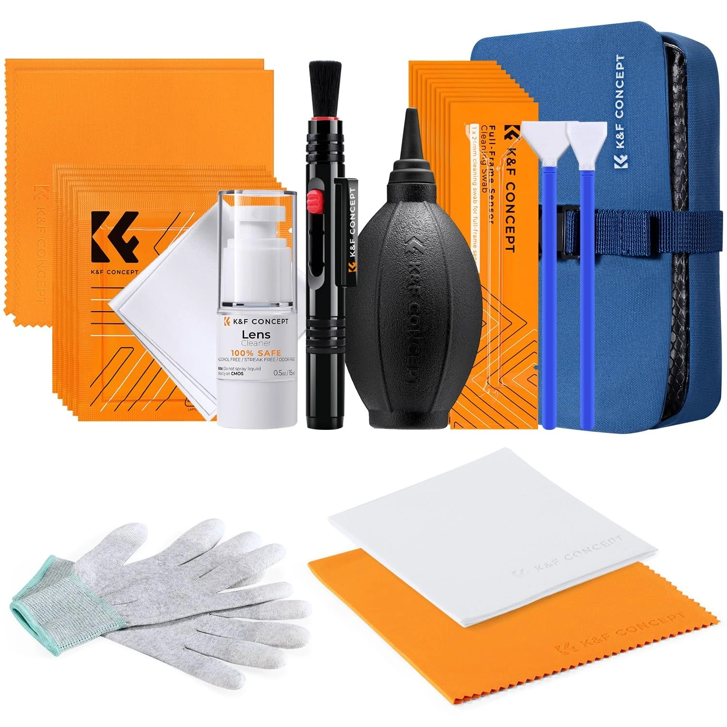K&F CONCEPT 23-in-1 Camera Lens Cleaning Kit for DSLR Camera Lens Filter Cell Phones with Air Blowing, Cleaning Swab 16mm 24mm, Cleaning Cloths Liquid, Lens Pen, Anti-static Gloves, Carry case