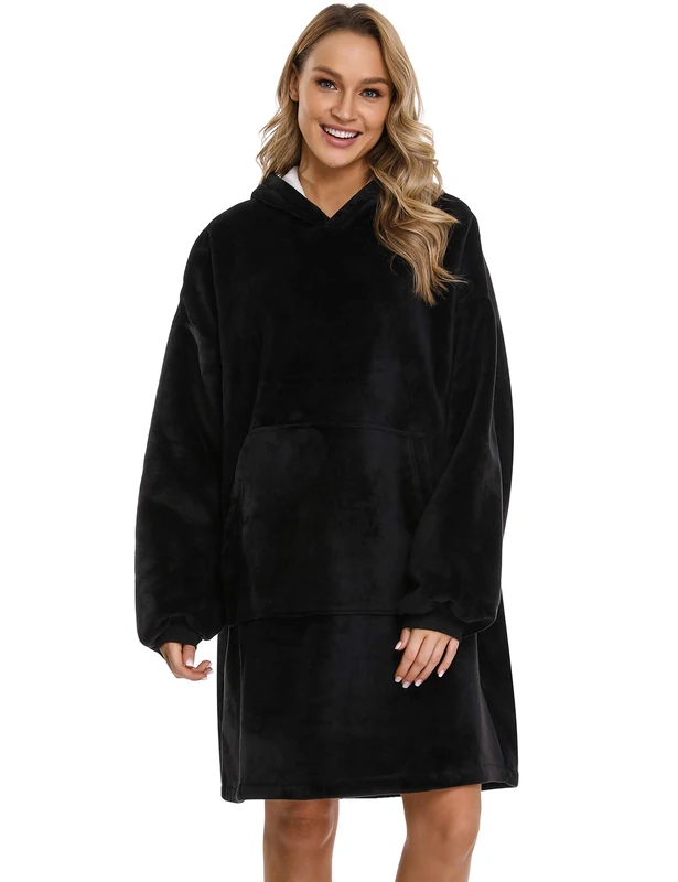 Sykooria Oversized Hoodie Sweatshirt Blanket, Double Layer Fluffy Sherpa Hoodie Blanket Sweatshirt, Super Soft Warm Wearable Blanket for Women Men Adults Kids Black