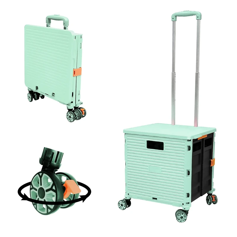 FELICON SELORSS Foldable Utility Cart Folding Portable Rolling Crate Handcart with Durable Heavy Duty Plastic Telescoping Handle Collapsible 4 Rotate Wheels for Travel Shop Move Luggage Office(Green