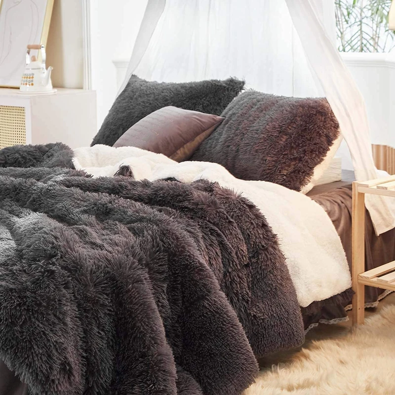 Uozzi Bedding Black Faux Fur Comforter Set Twin 3 Pieces - 1 Black Shaggy Comforter Set 68x86 and 2 Pillowcases, Ultra Soft and Easy Care Luxury Plush Shaggy Duvet Set