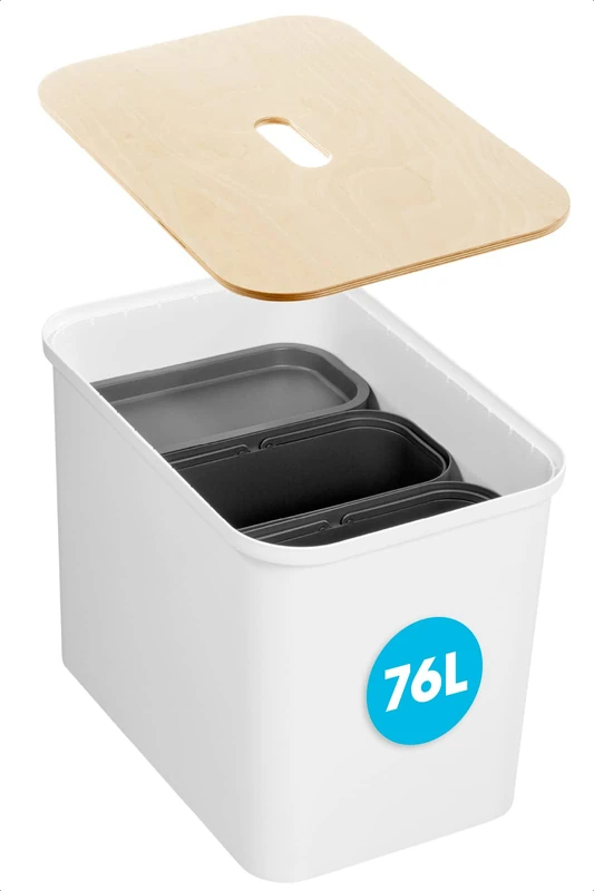 SmartStore Recycling Bin - 76L Large Kitchen Bin with Wood Lid, 3x 13L Bucket Inserts, 2x Small Lids - Sturdy Recycling Bins for Kitchen with 10 Year Guarantee - White Kitchen Bin (L57xW38xH42cm) - Image 1