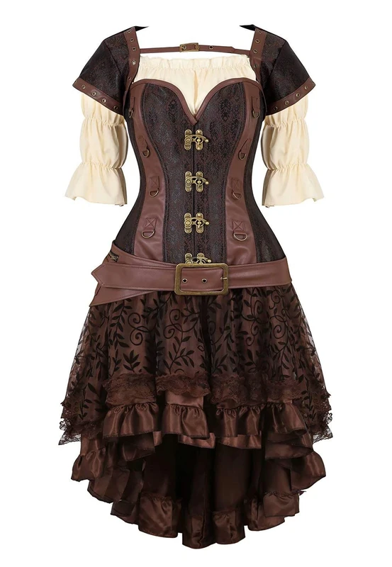 jutrisujo Steampunk Corset Dress Bustier Top Skirt Shirt 3 pcs Leather Gothic Pirate Victorian Burlesque Halloween Costume Brown 3XL