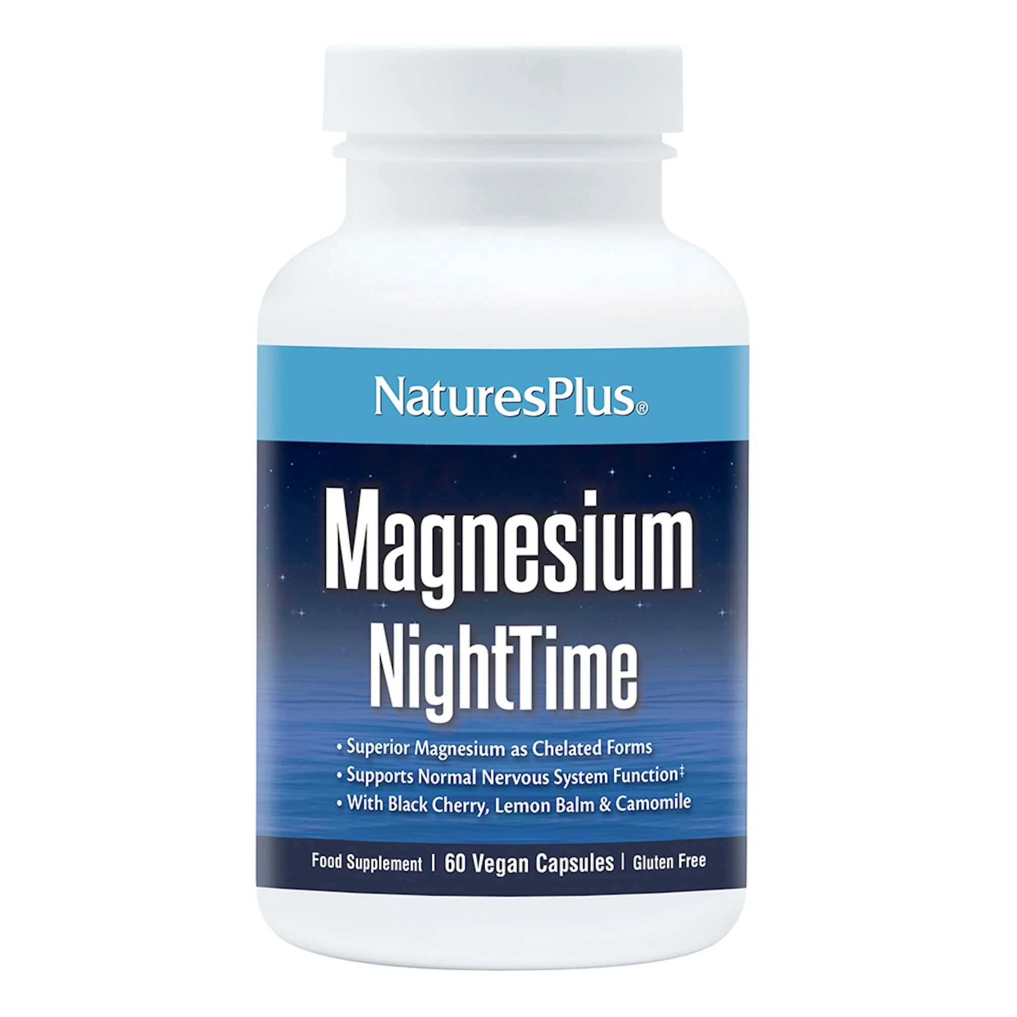 NaturesPlus Magnesium Night Time - Magnesium Glycinate and Taurate Supplement with L-Theanine, Ashwagandha, Lemon Balm, B6, Hops - Vegan, Gluten Free - 60 Capsules