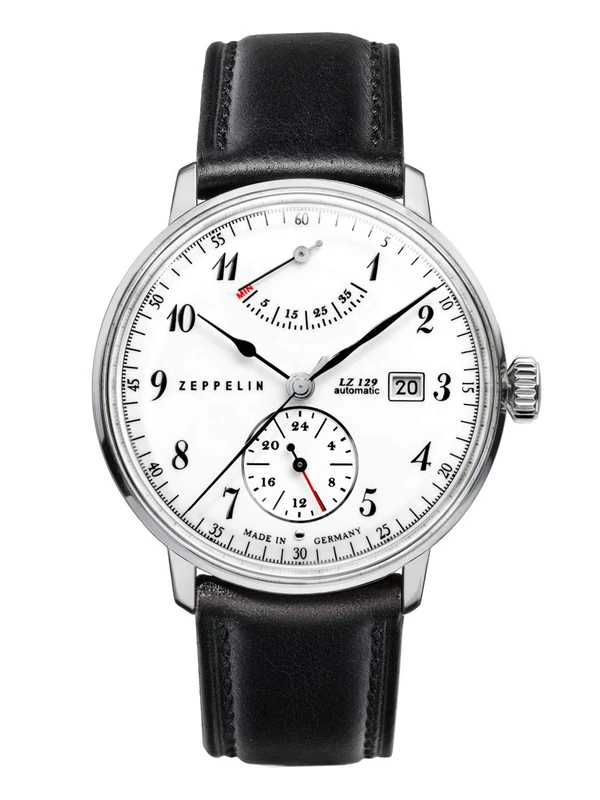Zeppelin Men's Watch with Leather Strap LZ129 Series Hindenburg ED. 1 Automatic Power Reserve Date 8060, Black/White, Straps