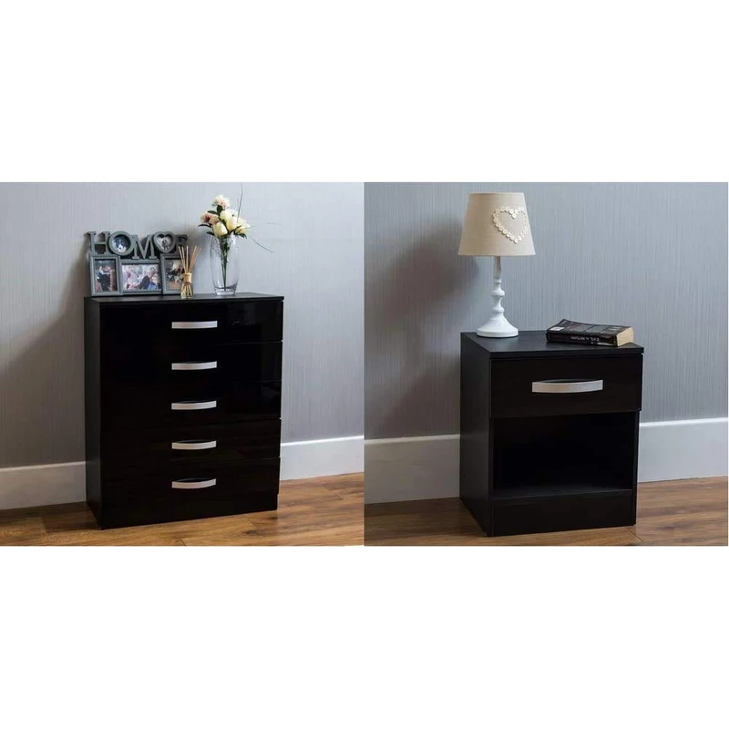 Vida Designs Hulio High Gloss Chest Of Drawers Black, 5 Drawer with Metal Handles & Runners & Amazon Brand - Movian High Gloss 1 Drawer Bedside Cabinet, Black, 47 x 40 x 36 cm