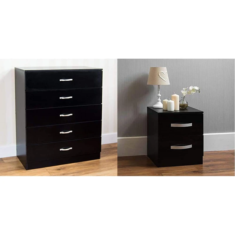 Vida Designs Black Chest, 5 Metal Handles and Runners, Unique Anti-Bowing Drawer Support, Riano Bedroom Furniture & Amazon Brand - Movian High Gloss 2 Drawer Bedside Cabinet, Black, 47 x 40 x 36 cm