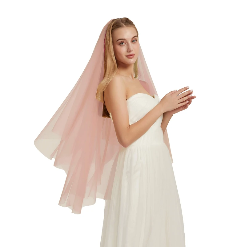 Double Layer Tulle Bridal Veil 2 Tier Sheer Wedding Veil with Comb - Pink - 40'' length