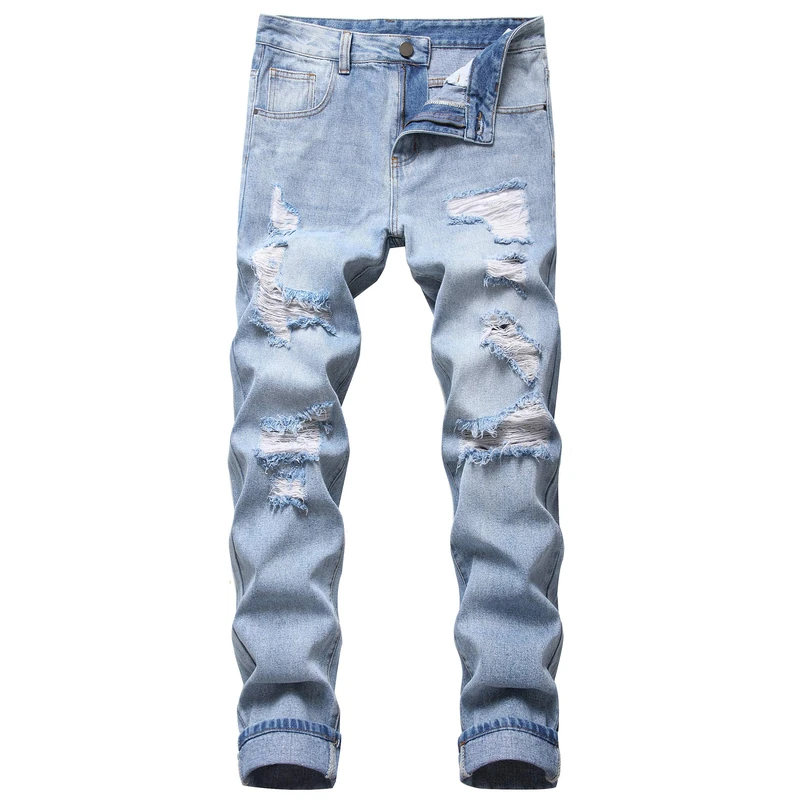 QIMYUM Men’s Ripped Jeans Slim Straight Leg Distressed Destroyed Pant with Holes - - 30 - Image 1