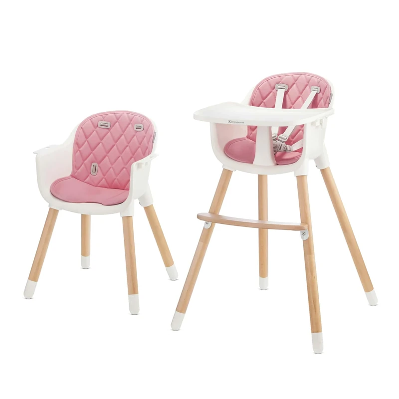 Kinderkraft Sienna, 2-in-1 Highchair, Baby Chair, Combination High Chair, Wooden Legs, 5-Point Harness, Footrest, Removable Tray, Non-Slip Chair Leg Caps, from 6 Months to 4 Years, Pink