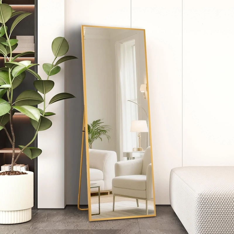 Beauty4U Full Length Mirror 140x40cm Free Standing, Hanging or Leaning, Large Floor Mirror with Gold Aluminum Alloy Frame for Living Room or Bedroom