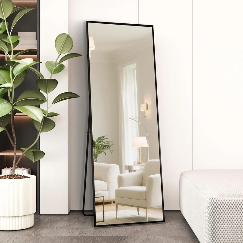 Beauty4U Full Length Mirror 140x40cm Free Standing, Hanging or Leaning, Large Floor Mirror with Black Aluminum Alloy Frame for Living Room or Bedroom
