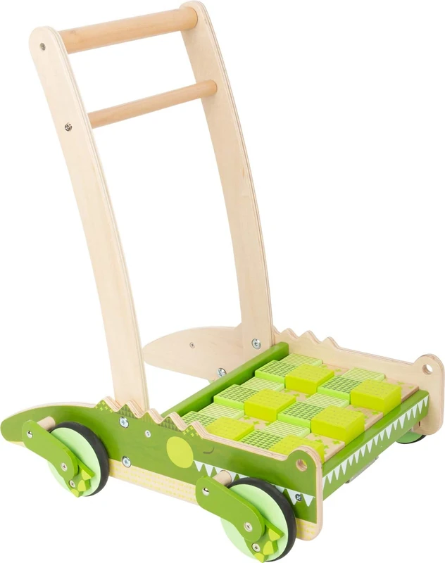 Small Foot 11738 Crocodile Baby Walker made of wood with brake system & building blocks, for kids aged 12+ months