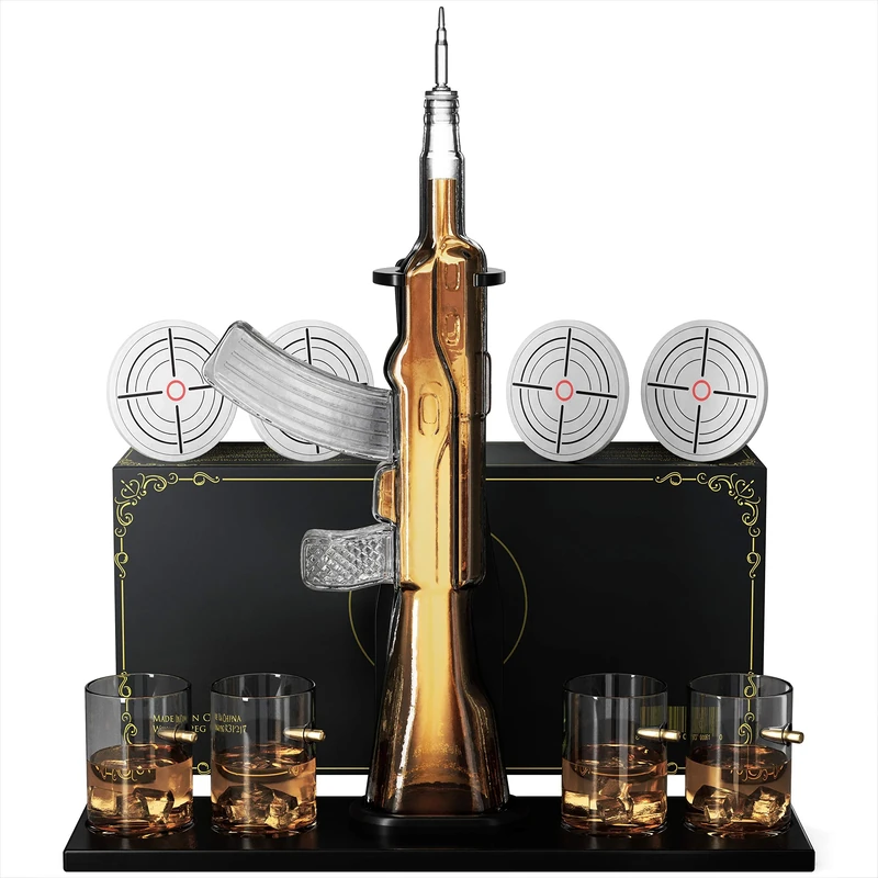 KROWN KITCHEN - Gun Whiskey Decanter Set. Includes Whiskey Glasses, Coasters, and Wood Base. Perfect Dad Gifts. for Bourbon, Scotch, Liquor, etc.