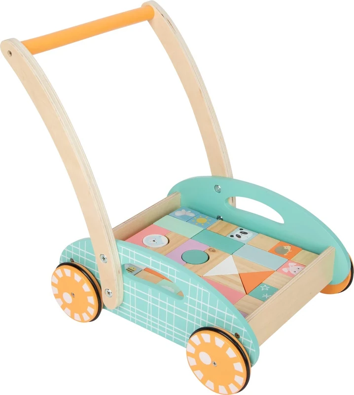 Small Foot 11766 Pastel Baby Walker, rabbit, panda & friends, with 34 building blocks, for ages 12+ months
