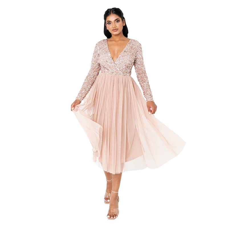 Maya Deluxe Women's Maya Taupe Blush Faux Warp Front Embellished Midi Dress Bridesmaid, 12 - Image 1