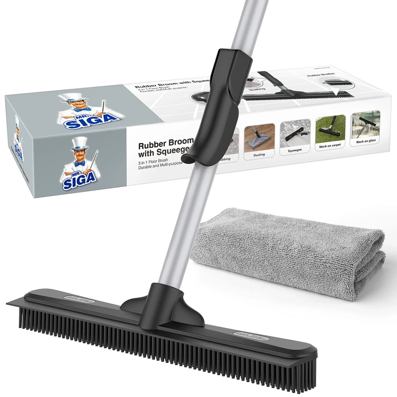 MR.SIGA Rubber Broom, Carpet Brush, Pet Hair Removal with Built in Squeegee, 3 in 1 Floor Brush for Carpet, 61 inch(154.9cm) Adjustable Handle, includes 1 Microfiber Cloth for Floor Dusting