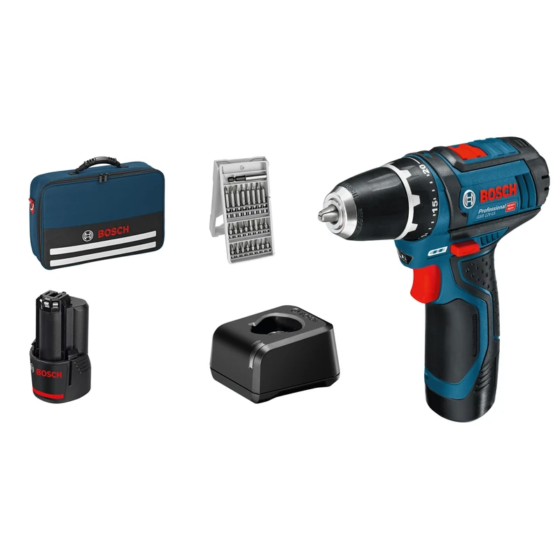 Bosch Professional 12V System Akkuschrauber GSR 12V-15 (inkl. 2x 2.0Ah Akku, Ladegerät GAL 12V-20, 25-tlg.-Bit-Set, in Tasche)