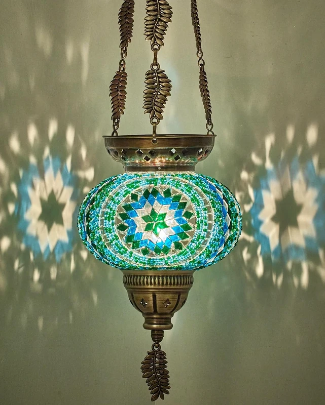 DEMMEX Turkish Moroccan Colorful Mosaic Bohemian Boho Hanging Candle Holder Lantern with Handmade Colorful Glass Globe and Metal Leaf Chains, 60 cm (Turquoise) - Image 1