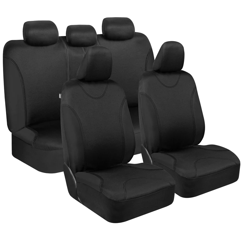 BDK UltraSleek Black Seat Covers for Cars, SUVs, Trucks & Vans: 2-Tone Front & Back Matching Set with 5 Headrest Covers, Polyester, Universal Fit