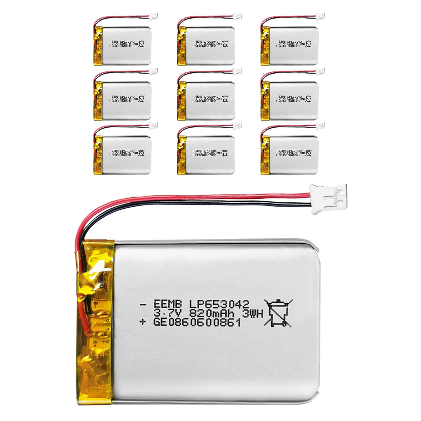 EEMB Lithium Polymer battery 3.7V 820mAh 653042 Lipo Rechargeable Battery Pack with wire JST Connector-confirm device & connector polarity before purchase(10)