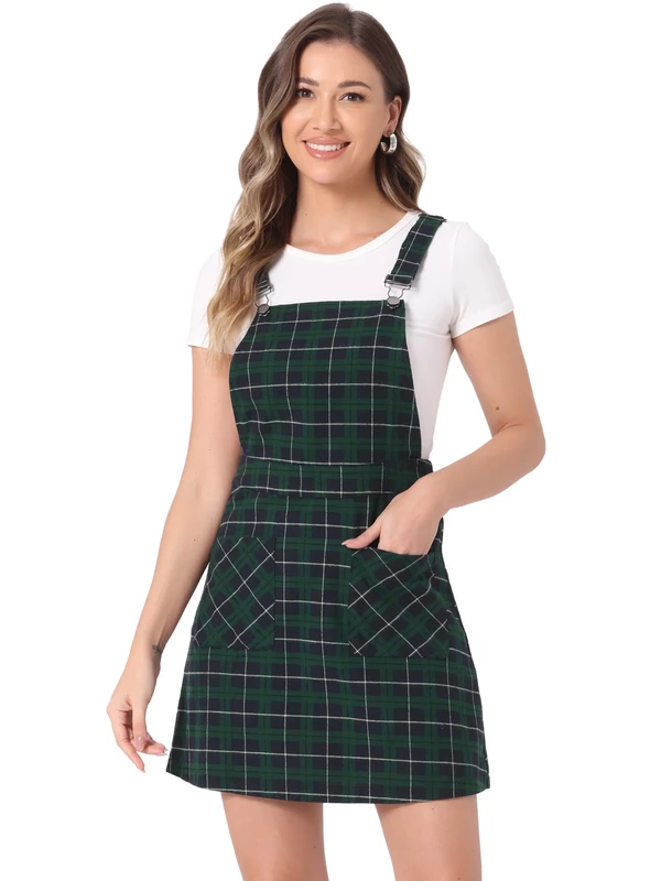 Allegra K Women's Adjustable Strap Above Knee Plaid Printed Overall Dress Suspender Skirt, Blue-Green, M
