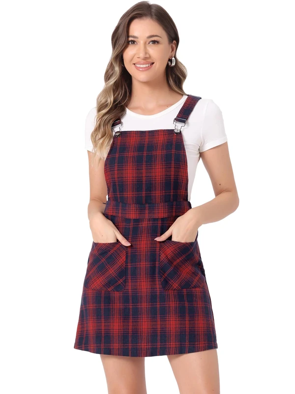 Allegra K Women's Adjustable Strap Above Knee Plaid Printed Overall Dress Suspender Skirt, Blue-red, L